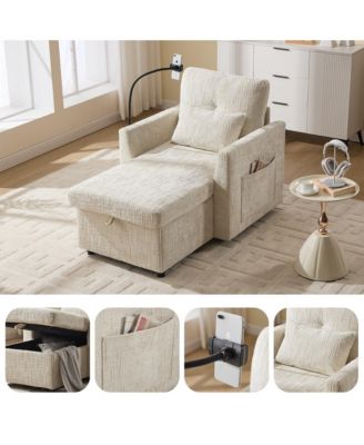Multifunctional Chenille Sofa with Storage & Cell Phone Bracket, Single Sleeper Chair, Chaise Lounge Chair