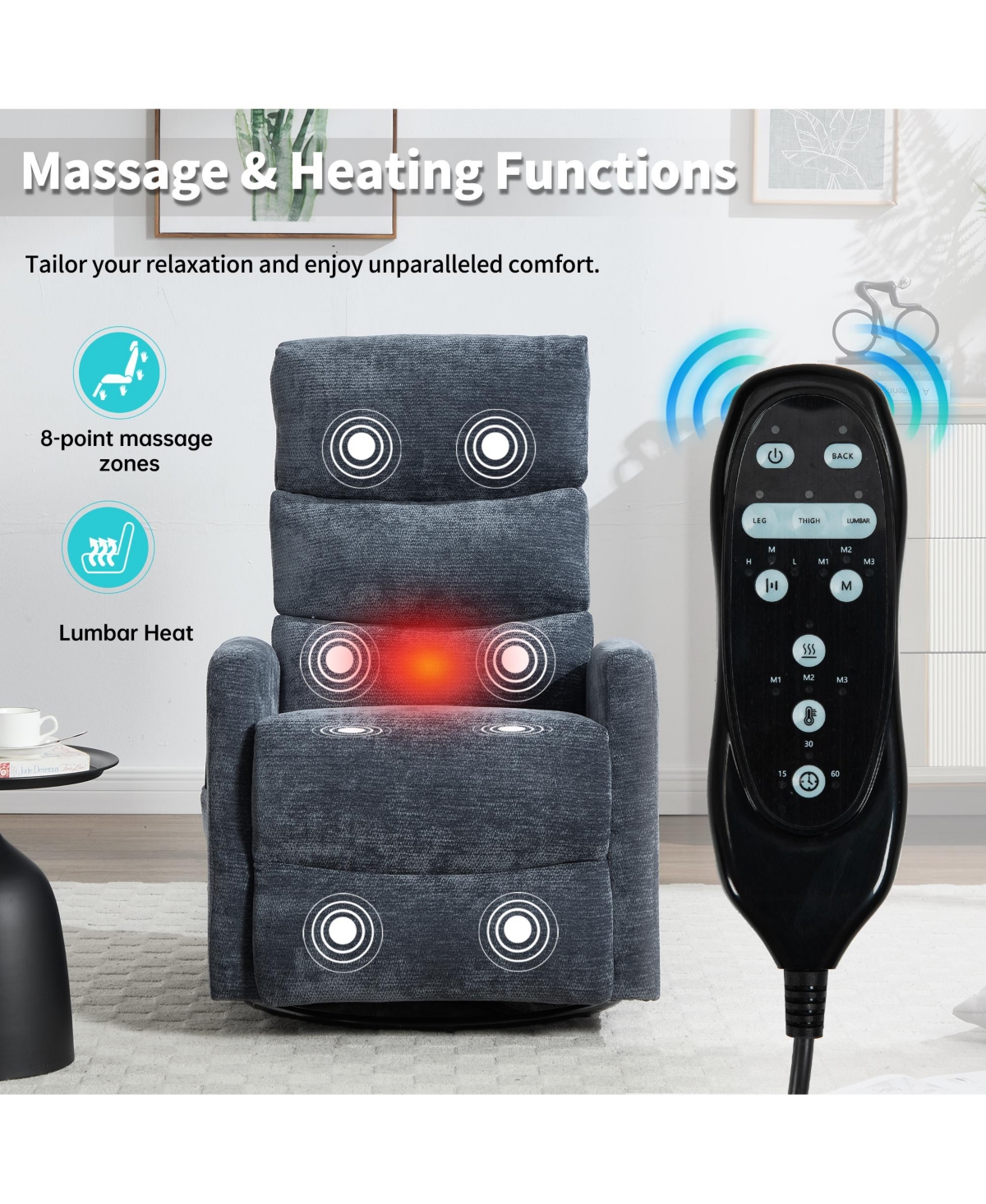 Clihome Heat Massage Manual Recliner Chair with Rocker and Swivel