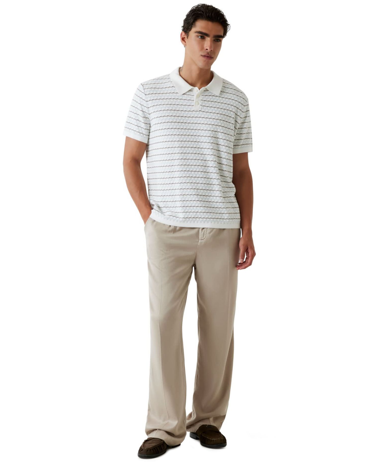 Men's Checkered Stripe Text Woven Polo Shirt