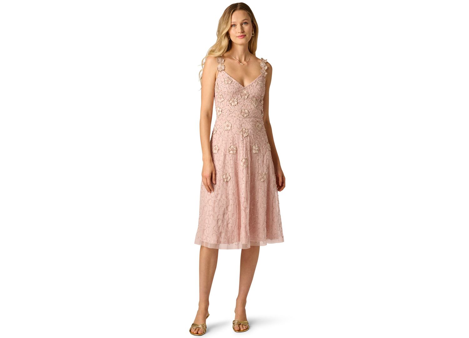 Women's Bead Flower Petal V-Neck Midi Gown