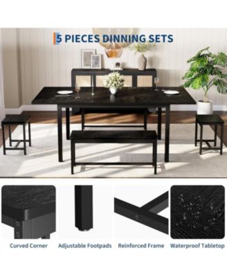 Extendable Dining Table Set for 6-8 People, Farmhouse Style Wooden Table with 2 Benches and 2 Stools