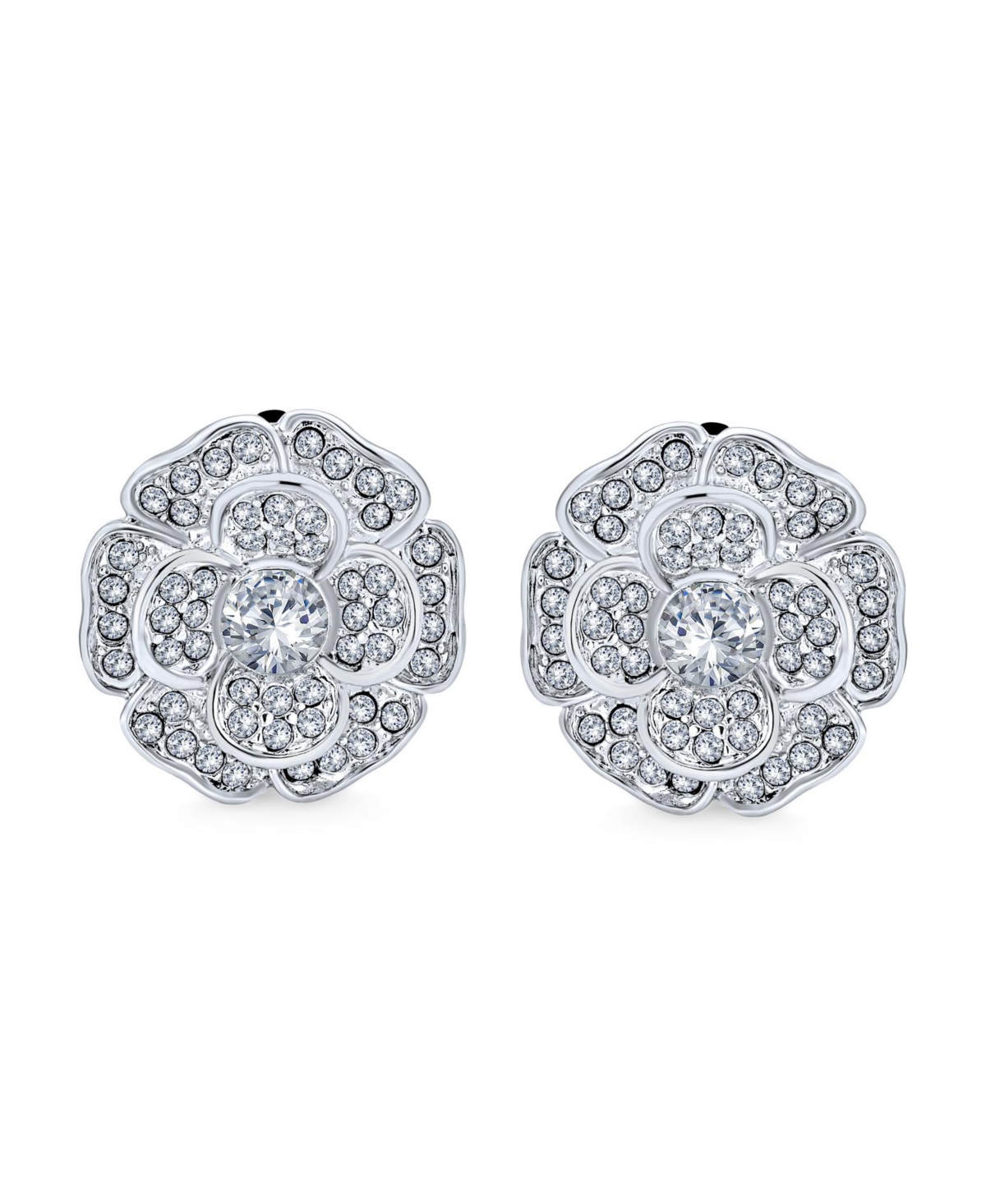 Bling Jewelry Statement Cubic Zirconia Pave Cz 3D Rose Flower Shape Clip On Earrings Non Pierced Ears