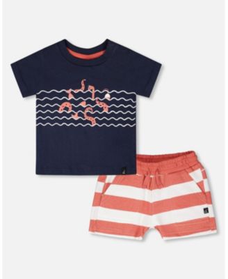 Baby Boys Cotton T-Shirt and Short Set Blue and Brick Stripes