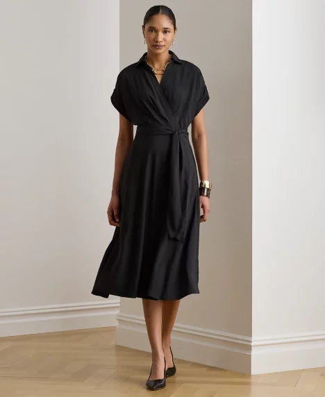 Petite Belted Crepe Collared Dress - Black