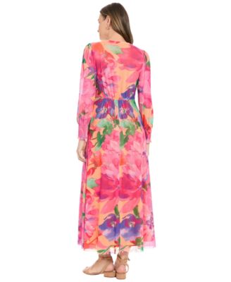 Women's Shirred Surplice Twist Bishop-Sleeve Maxi Dress