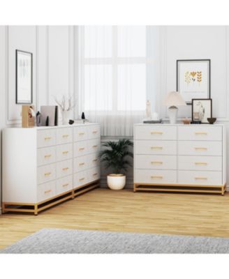 8 Drawer Wood Dresser for Bedroom, Wooden Dressers with Gold Handle,  Wood Closet Clothes Storage Organizer for Living Room