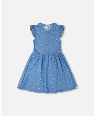 Toddler Girls Sleeveless Button Down Dress Blue Flower Print