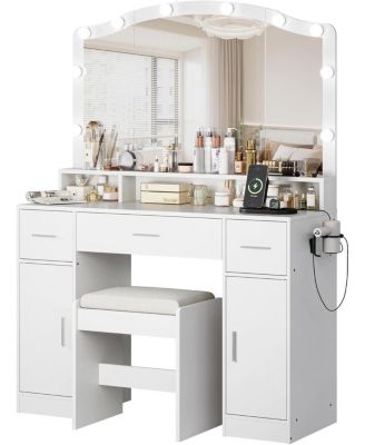 Vanity Desk with Mirror & 10 LED Lights, 3 Drawers, 2 Cabinets, Shelf, Storage Stool & Power Outlet