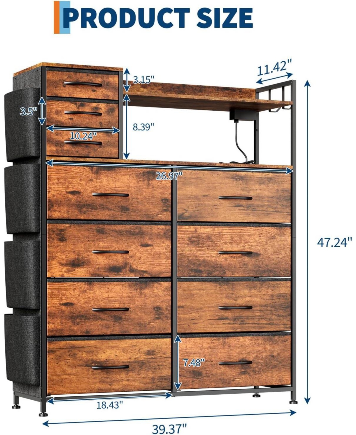 gaomon 11 Drawer Dresser with Fabric Drawers Storage Cabinet with Shelves Side Pockets Hooks Charging Station
