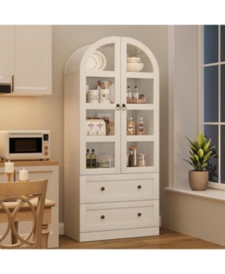 72" Tall Dome Bookcase with Drawers, 4-Tier Wooden Bookshelf Storage Cabinet with Glass Door, Farmhouse Arched Cabinet with Display Shelves