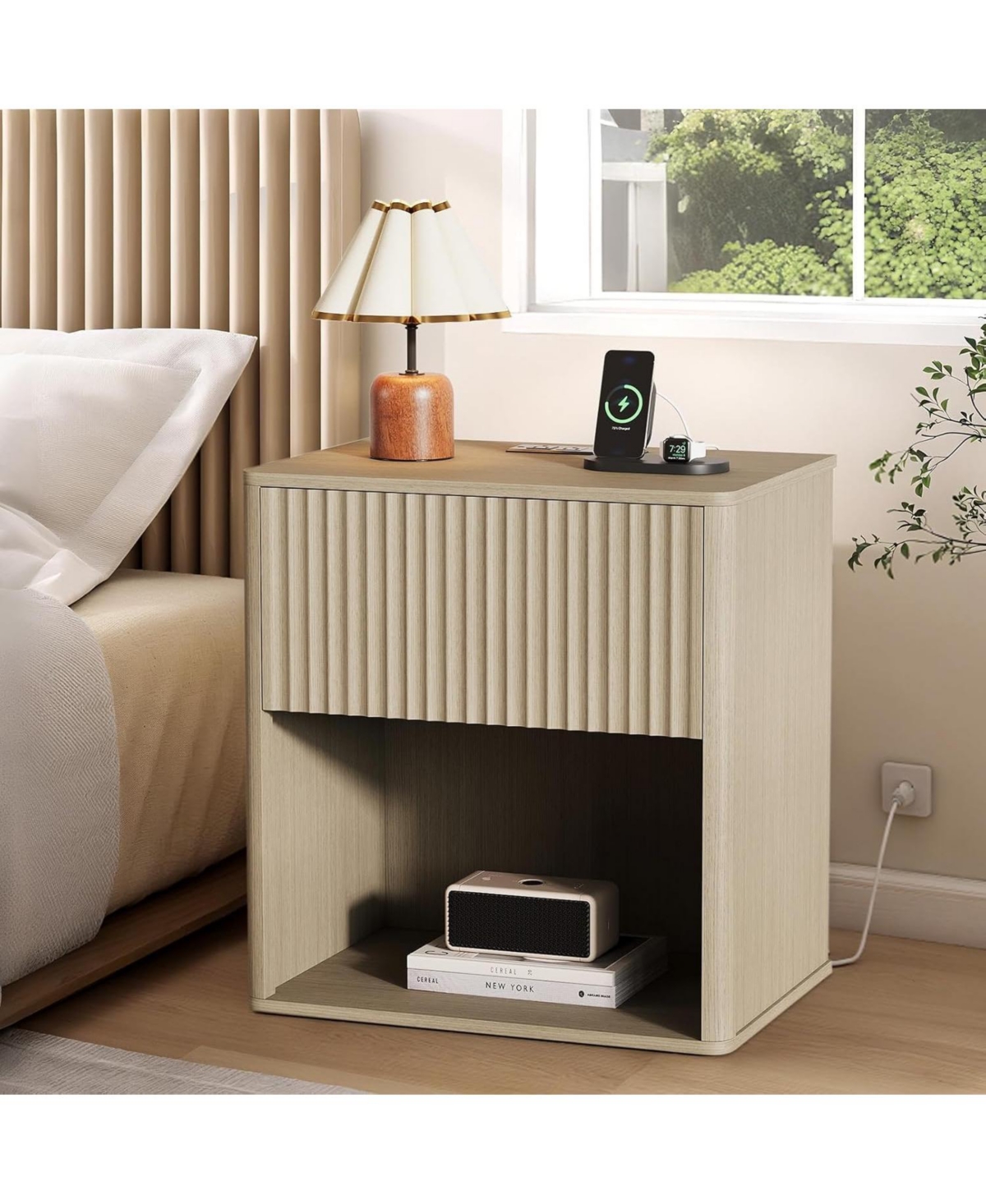 gaomon CuisinSmart 22" Oak Modern Nightstand Set of 2 with Charging Station & Led Light