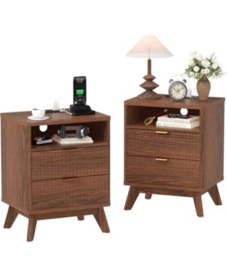 19.7" Fluted Nightstand with Charging Station Set of 2, Solid Wood Nightstands with 2 Drawers and Open Shelf