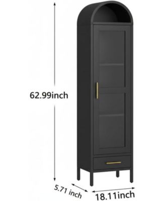 73 in Tall Narrow Arched Bookcase, Metal Arched Storage Cabinet with Glass Door & Drawer