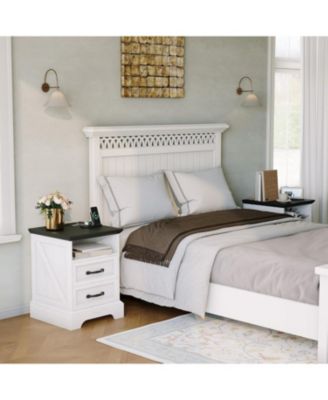 Farmhouse Nightstand with Charging Station Large Rustic Bedside Table with 2 Drawers & Open Shelf, USB Ports & AC Outlets for Bedroom