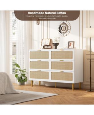 Rattan 6 Drawer Dresser, Tall Modern Wooden Chest with Deep Storage & Wide Top for Bedroom or Closet