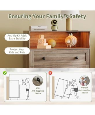 Small 3 Drawer Dresser for Bedroom or Closet, Wooden Chest with Charging Station & LED Lights