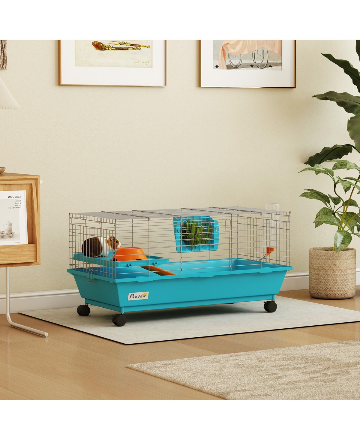 PawHut 35" Small Animal Cage with Wheels, Ramp, Water, Food Dish,