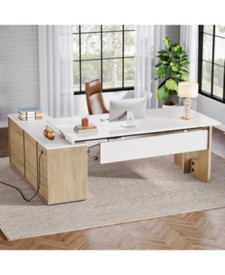 Large Executive Desk, 74.8 Inch L Shaped Computer Desk with Shelves and CPU Storage, Modern Workstation Set, White and Wood