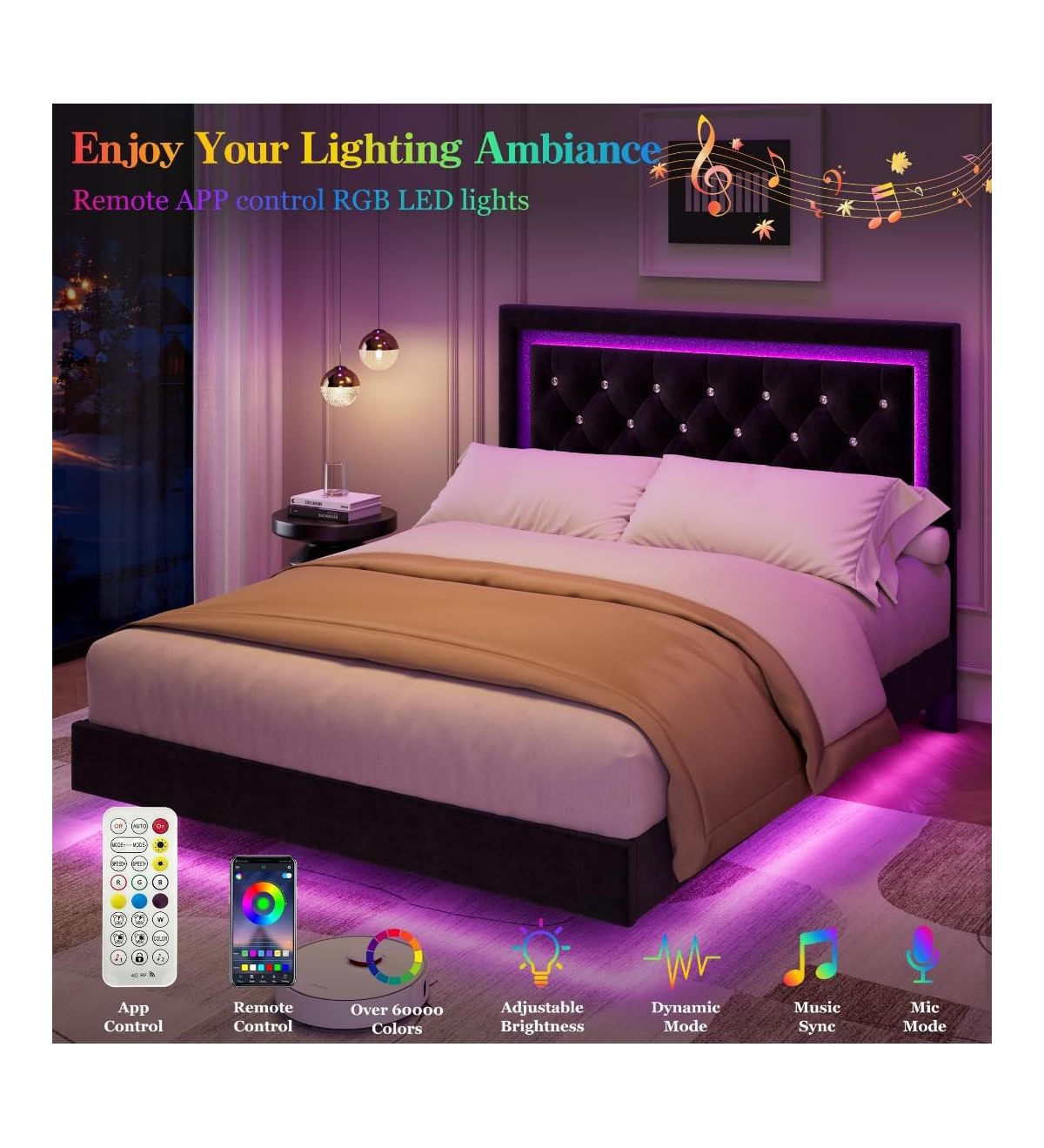 gaomon Floating Platform Bed Frame with Smart Led Lights, Upholstered Diamond Headboard, Wood Slat Support