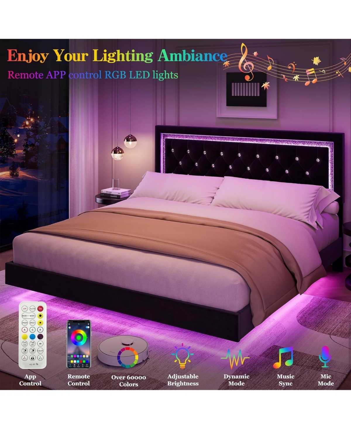 gaomon Floating Platform Bed Frame with Smart Led Lights, Upholstered Diamond Headboard, Wood Slat Support
