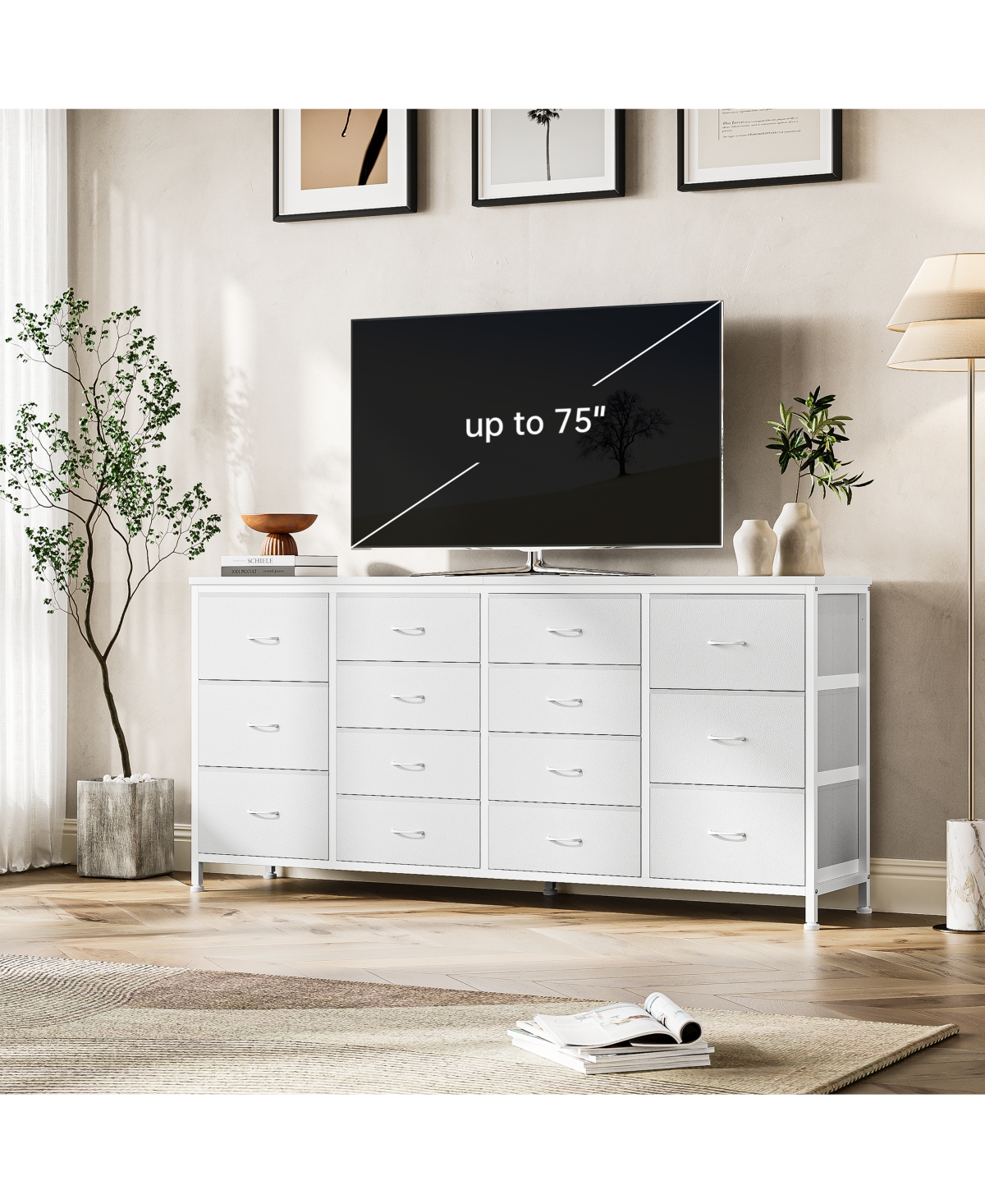 gaomon 63" Black Fabric 14-Drawer Dresser Tv Stand, with Power Outlet for 65-75" TVs