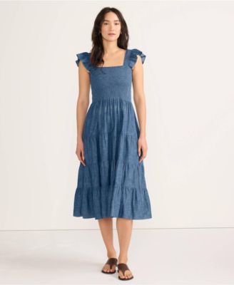 Women's Chambray Smocked Dress with Ruffle Straps