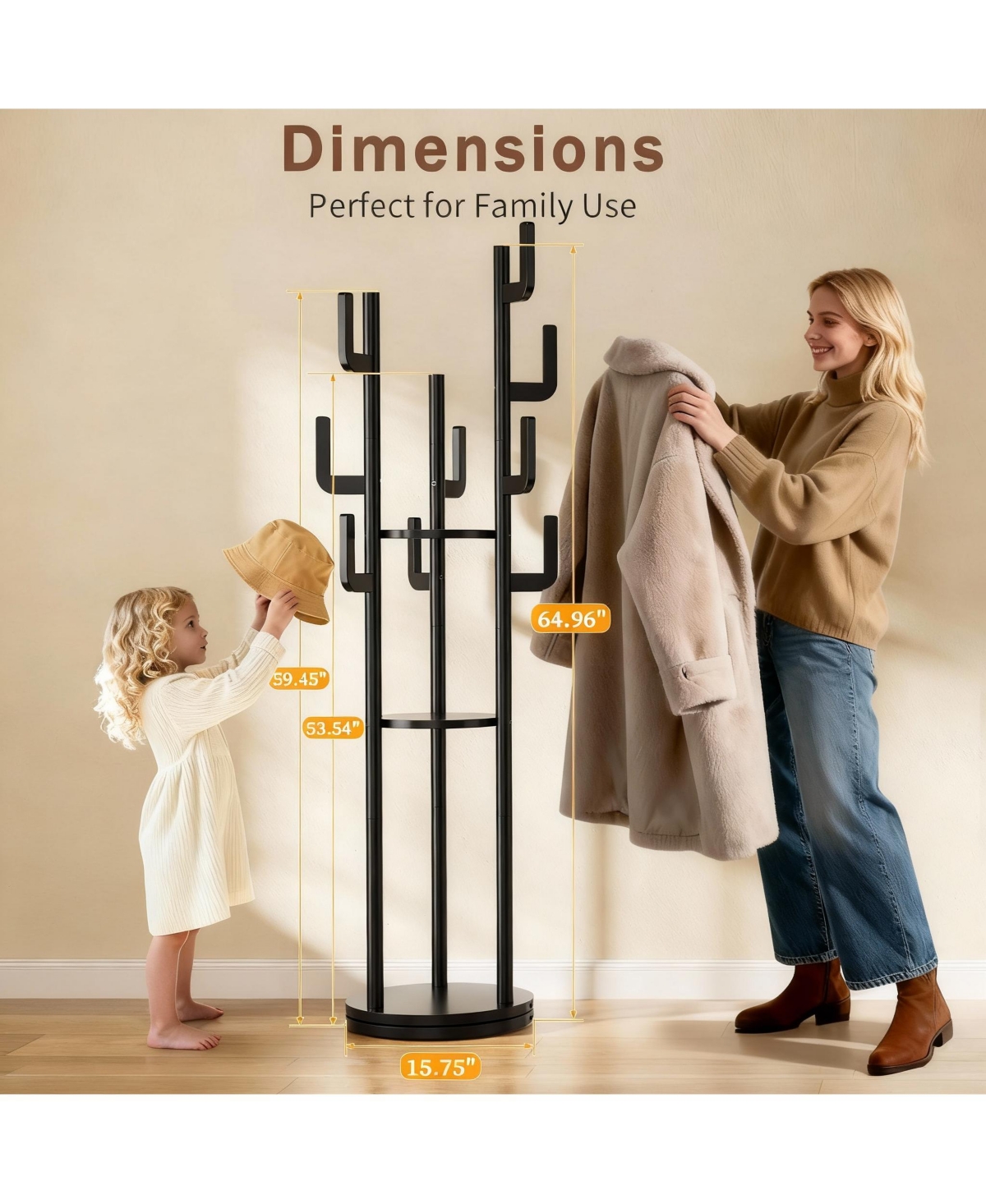 Yigii Rotating Solid Wood Coat Rack - 9 Hooks, 3 Shelves, Multi-Use