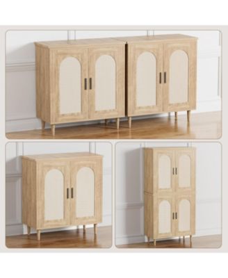 Sideboard Buffet Kitchen Storage Cabinet with Rattan, Solid Wood Feet for Living Room, Hallway, Entryway, Cabinet with Ample Storage