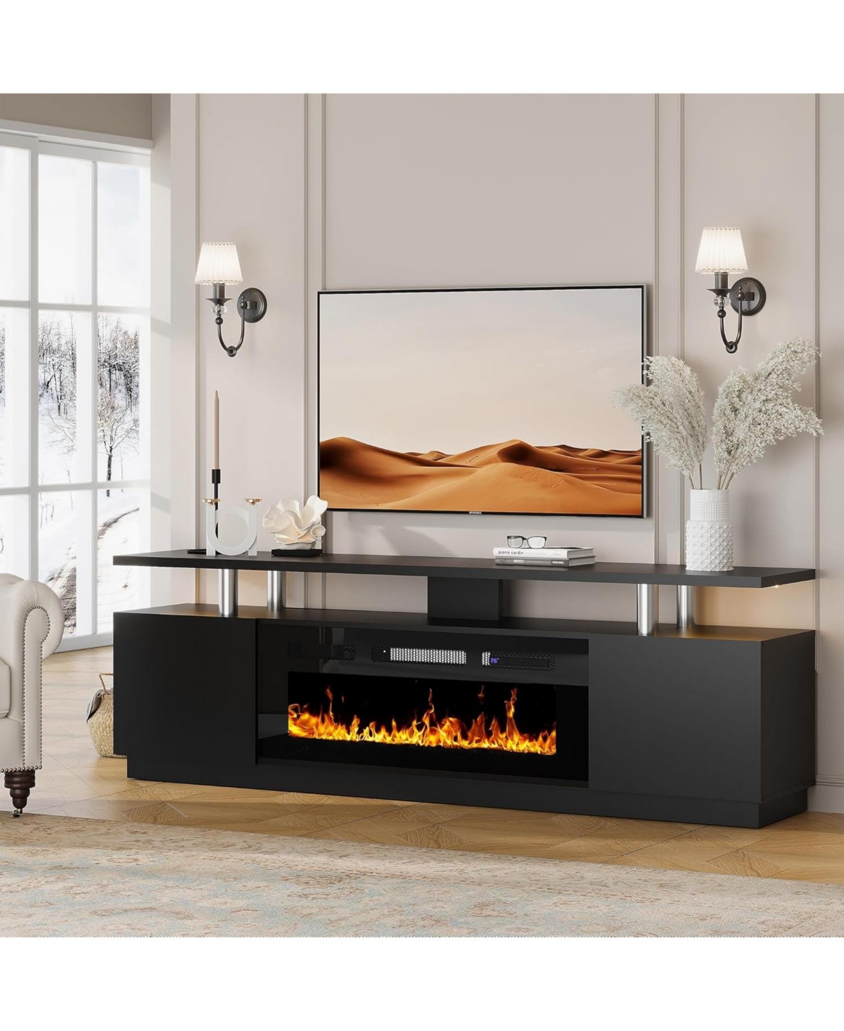 gaomon Fireplace Tv Stand for 70" Tv with 36" Fireplace Heater, Entertainment Center with Cabinets & Shelves, Media Console