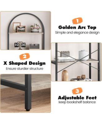 Arched 5-Tier Modern Bookshelf, Gold Metal Frame Tall Wood Storage Shelf for Living Room Bedroom