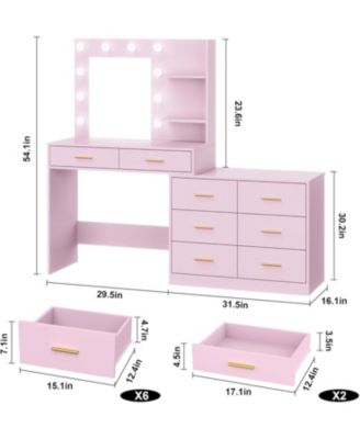 Large Vanity Desk with Mirror and Lights, Makeup Dressing Table Set with 8 Wide Storage Drawers, 2 Tier Shelves, Adjustable Lighting
