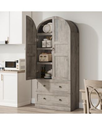 72" Tall Dome Bookcase with Drawers, 4-Tier Wooden Bookshelf Storage Cabinet with Door, Farmhouse Arched Cabinet with Storage