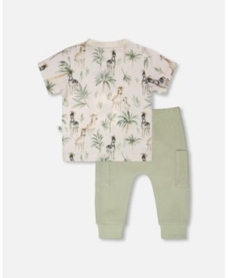 Baby Boys Cotton Jersey T-Shirt and Cotton Rib Pants Set Beige Zebra Print and Sage Green