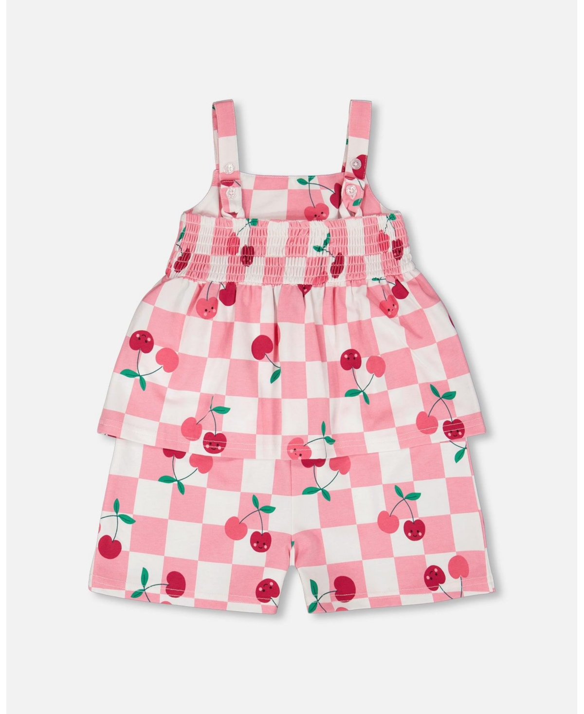 Deux par Big Girls Cotton Jersey Romper Pink Printed Cherries