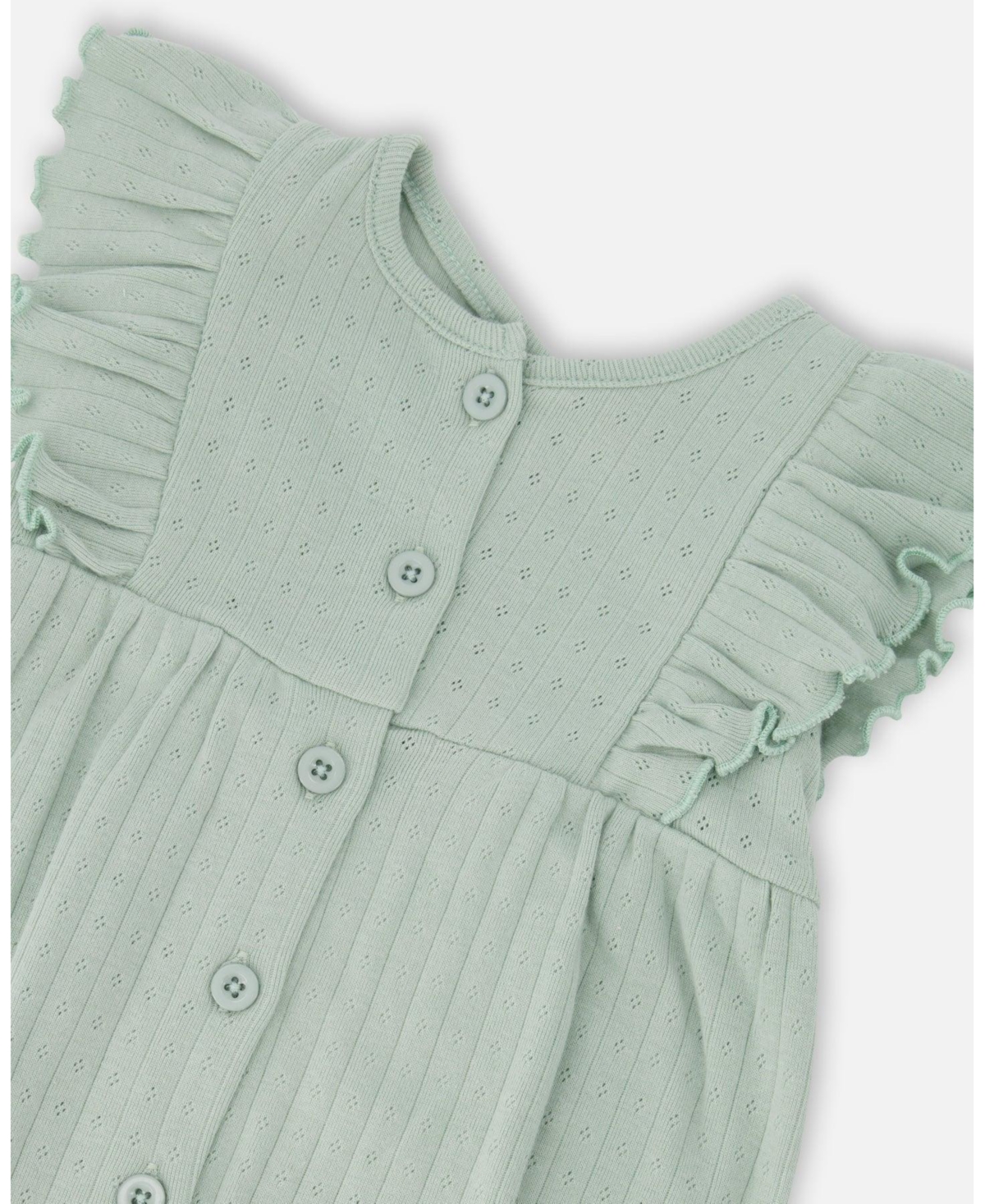 Deux par Baby Girl Cotton Pointelle Jersey Romper with Frills Green