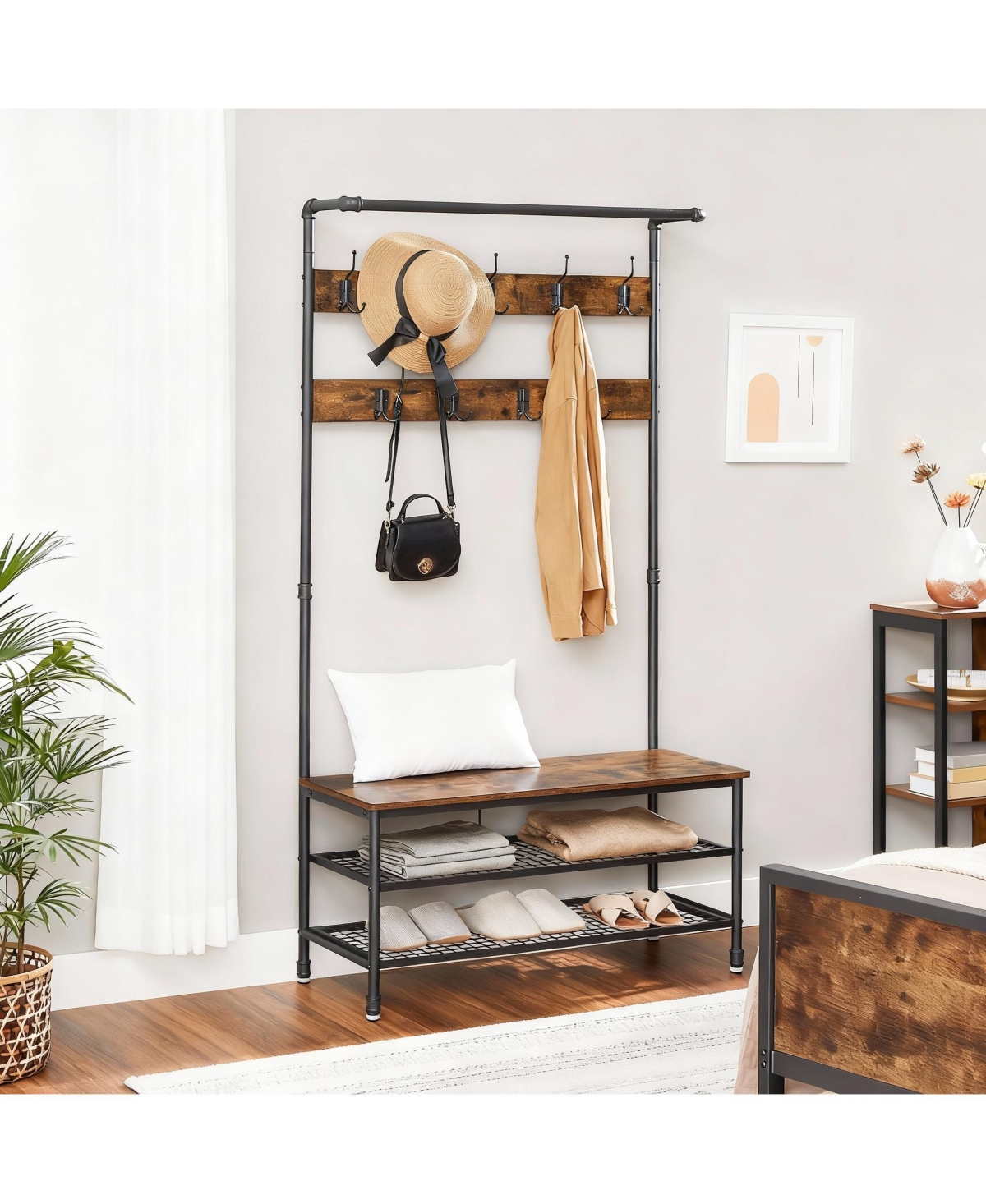 Yigii Rustic Industrial Hallway Storage Bench with Hooks and Shelves
