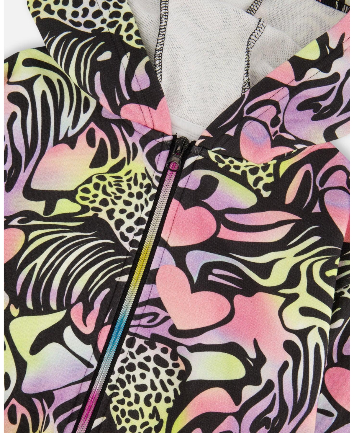 Deux par Girl Zip Front French Terry Hoodie Black Printed Multicolor