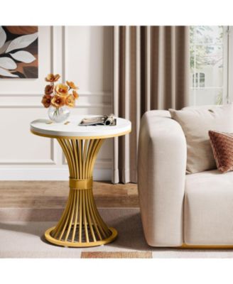 Round End Table, Modern Faux Marble Side Table with Gold Metal Base, Small Bedside Nightstand, Wooden Accent Table