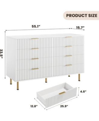 White 8 Drawer Dresser for Bedroom, Fluted Dresser with Large Drawers and Sturdy Gold Legs Support, Dressers & Chests of Drawers for Bedroom