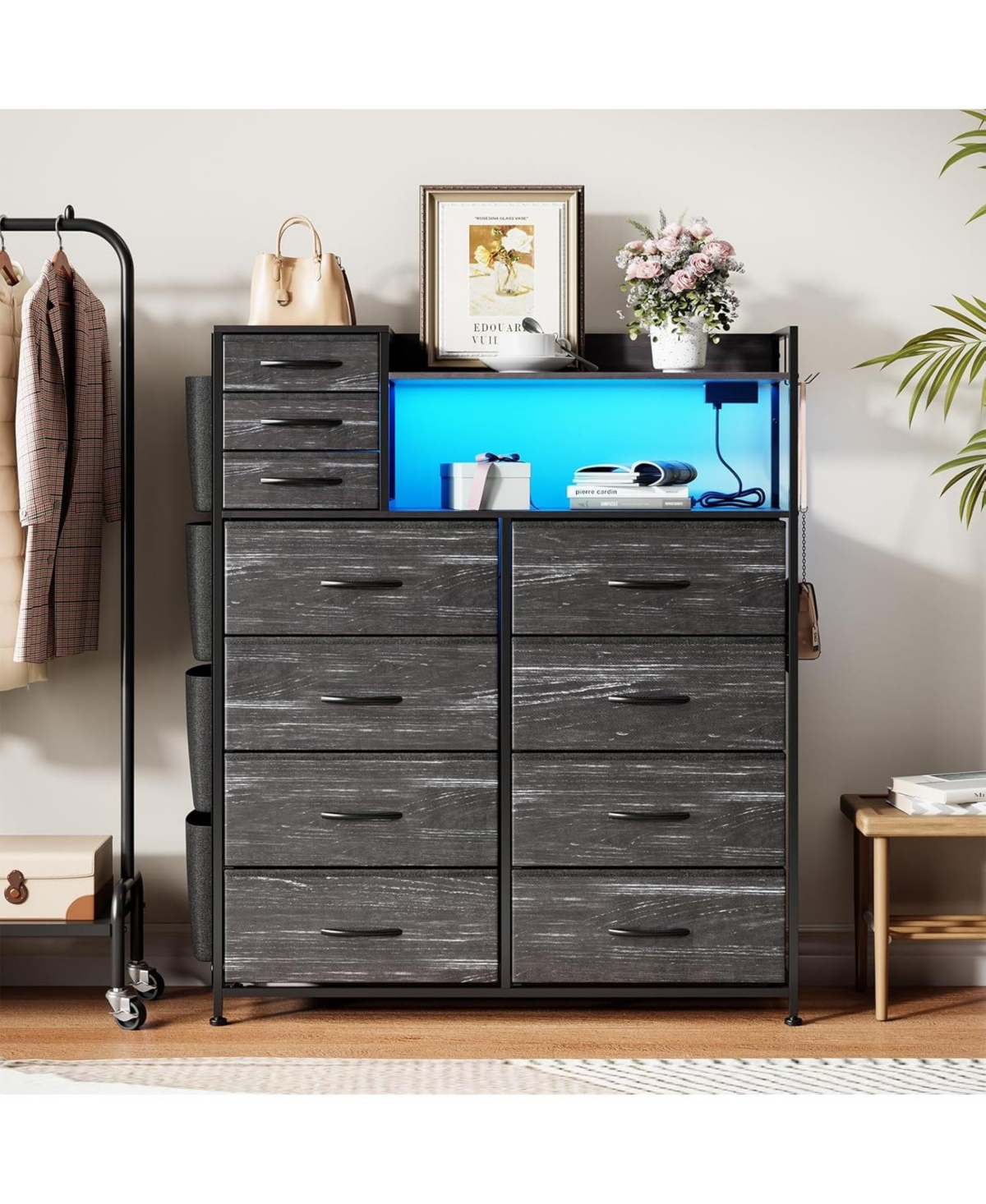 gaomon 11 Drawer Dresser with Fabric Drawers Storage Cabinet with Shelves Side Pockets Hooks Charging Station