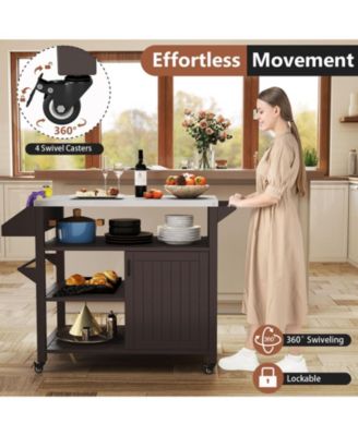 Outdoor Grill Cart with Storage Cabinet Shelves and Stainless Steel Top-Brown