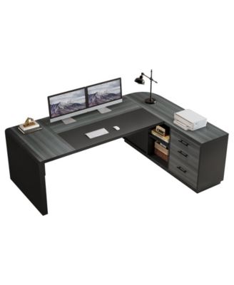 81-Inch L-Shaped Office Desk, Large Commercial Office Desk with Drawers and File Cabinet, Modern Professional Business Furniture