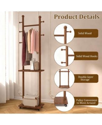 Solid Wood Walnut Coat Rack with Wheels & Shelves for Home
