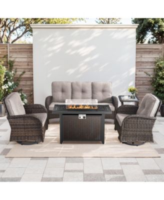5-Piece Brown Wicker Fire Pit Conversation Set with Olefin Cushions and Patio Swivel Chairs