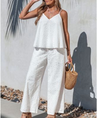 Women's V-Neck Eyelet Embroidered Wide-Leg Matching Sets