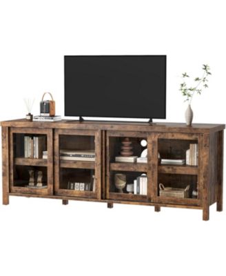 Mid Century Modern TV Stand for 65 Inch TV, 4 Sliding Glass Doors Storage Cabinets Entertainment Center