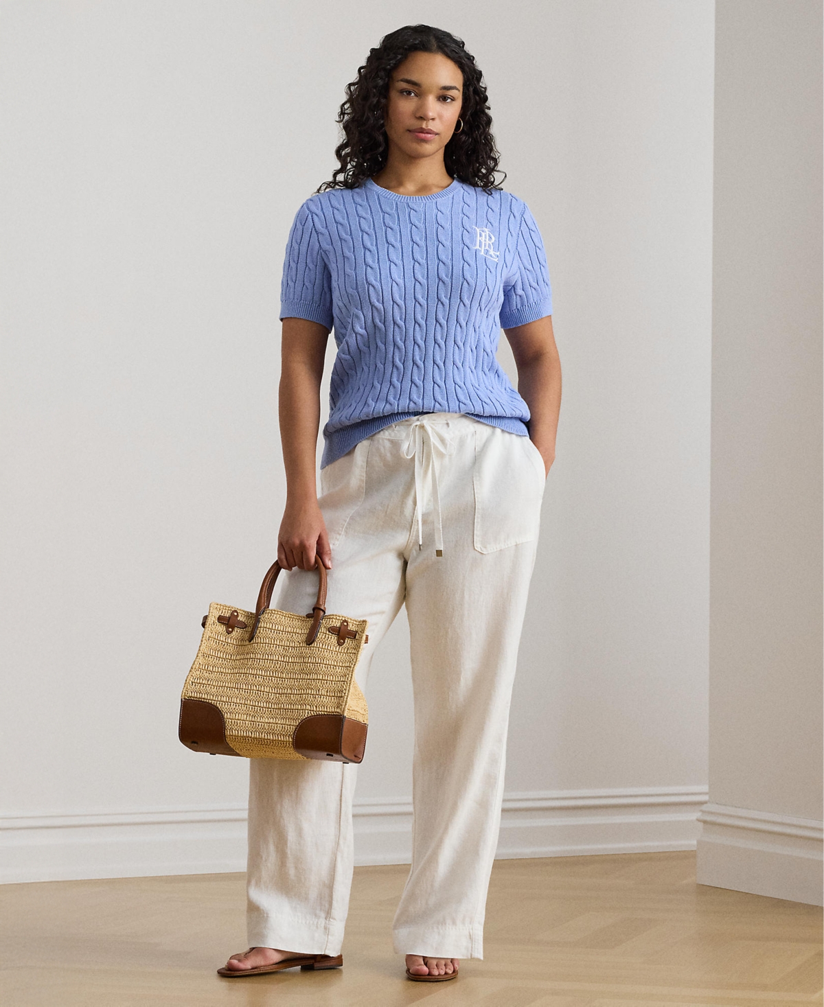 Lauren Ralph Plus Cable-Knit Short-Sleeve Sweater