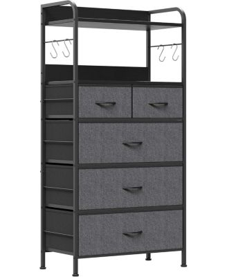 5-Drawer Bedroom Dresser, Fabric Storage Dresser with Anti-Tip Kit and 4 Hooks, Tall Vertical Dressers, Sturdy Steel Frame, Wooden Tabletop