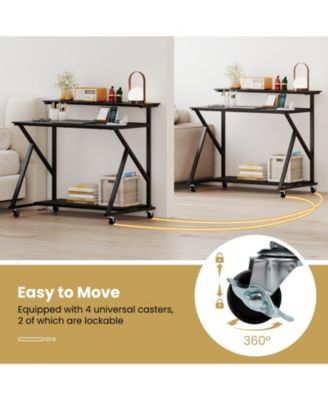 Rolling Computer Desk with Charging Station and Monitor Shelf, Home Office Storage Desk