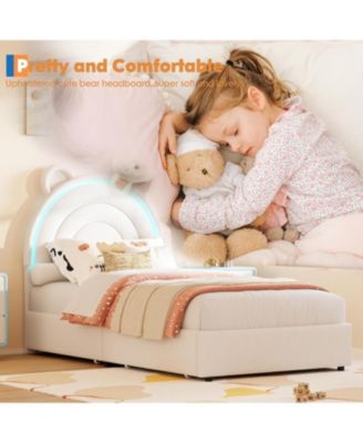 Twin Velvet Bed Frame for Girls, Upholstered Platform Bed with Bear Headboard, LED Lights & 2 Storage Drawers